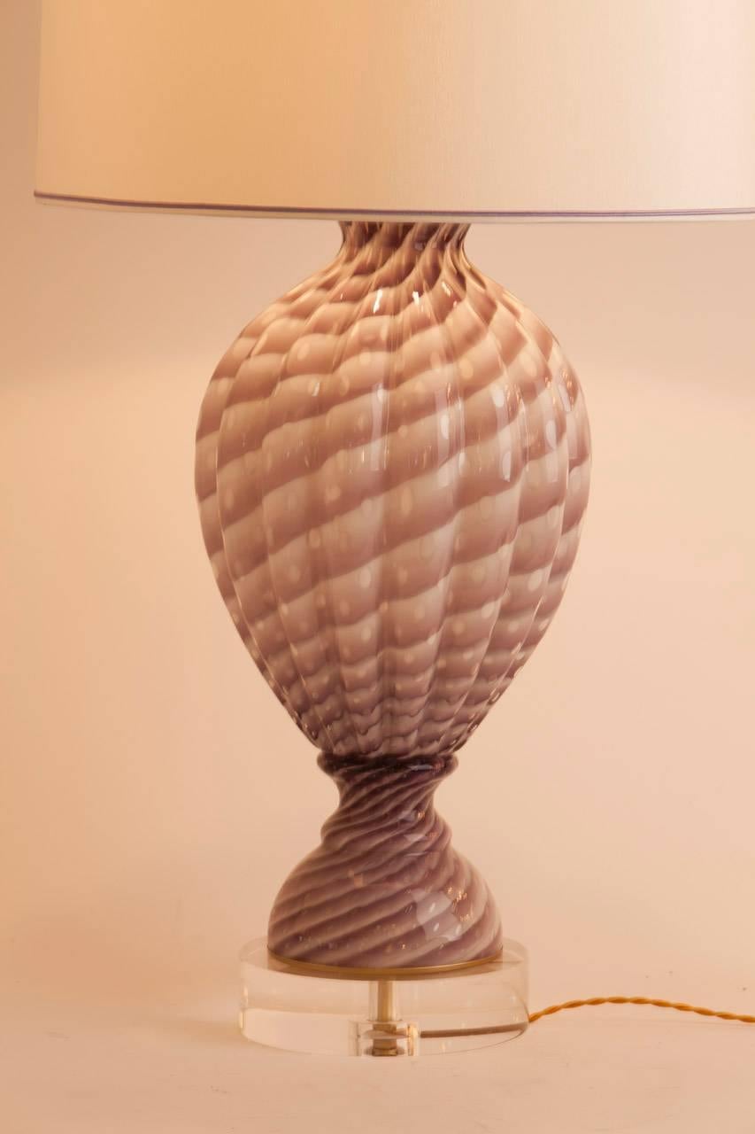 Grand vintage Murano lamp in lilac and white. Custom silk shade made in Paris.