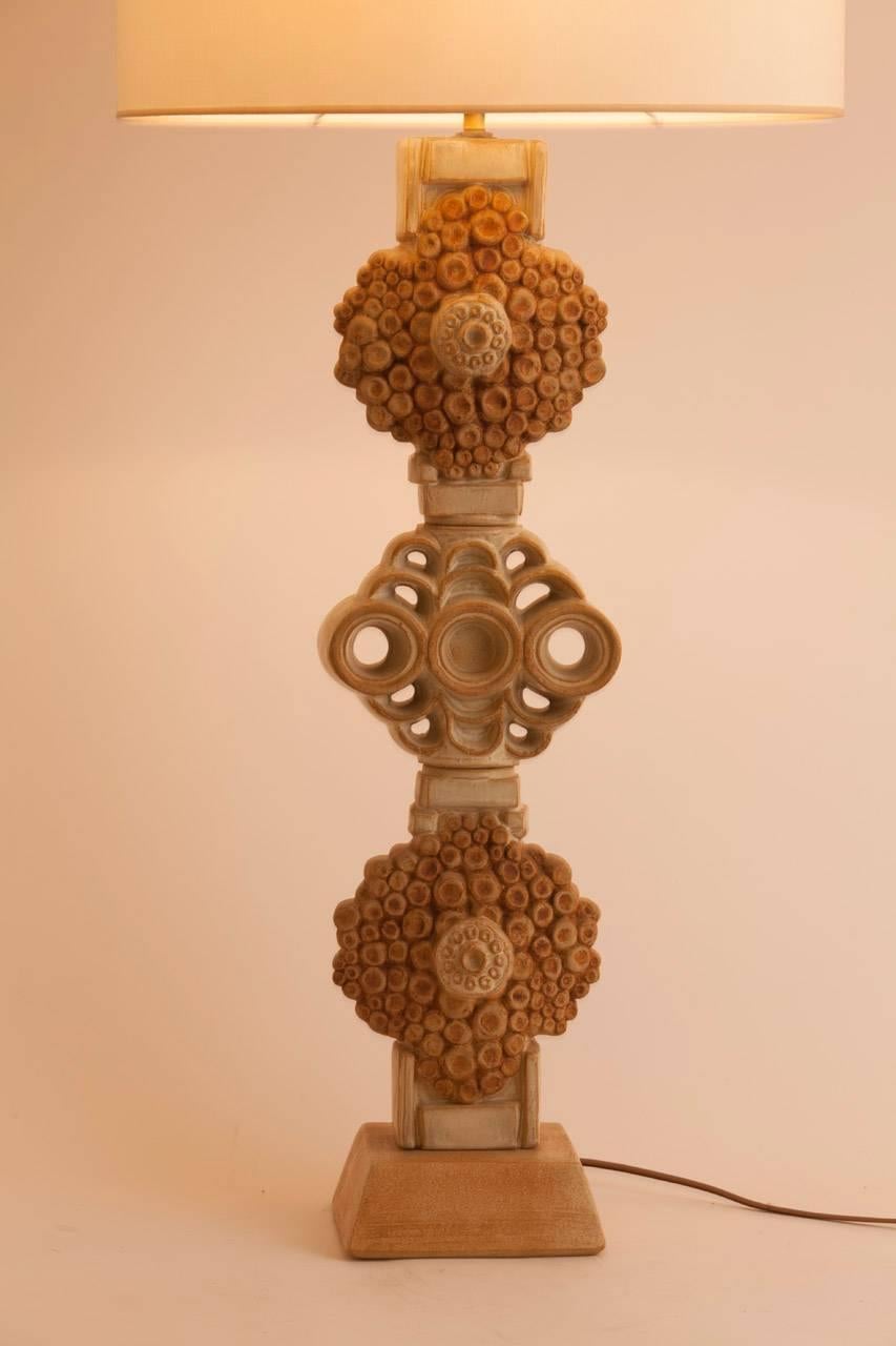 Lovely large scale ceramic table lamp by English ceramicist Bernard Rooke. Custom shade made in Paris.  Rewired for US.