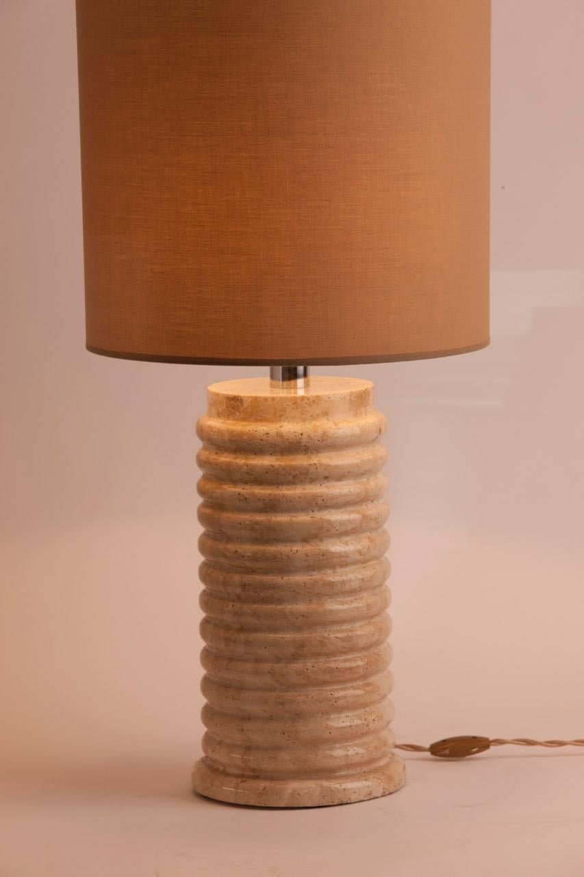 Vintage pair of French travertine lamps with custom shades made in Paris.  Rewired for the U.S..
