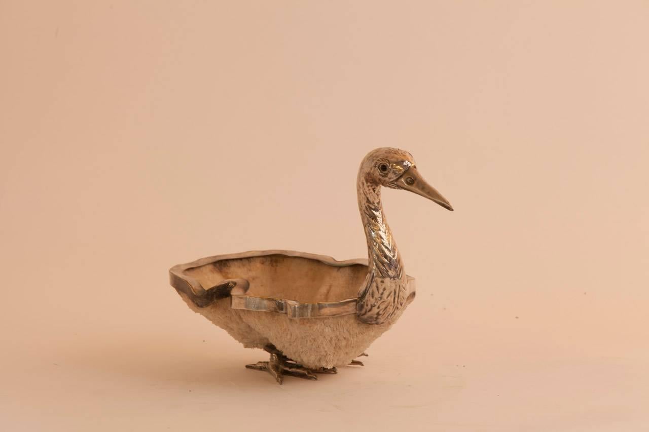 Gorgeous silver and coral duck sculpture signed Cristilli.