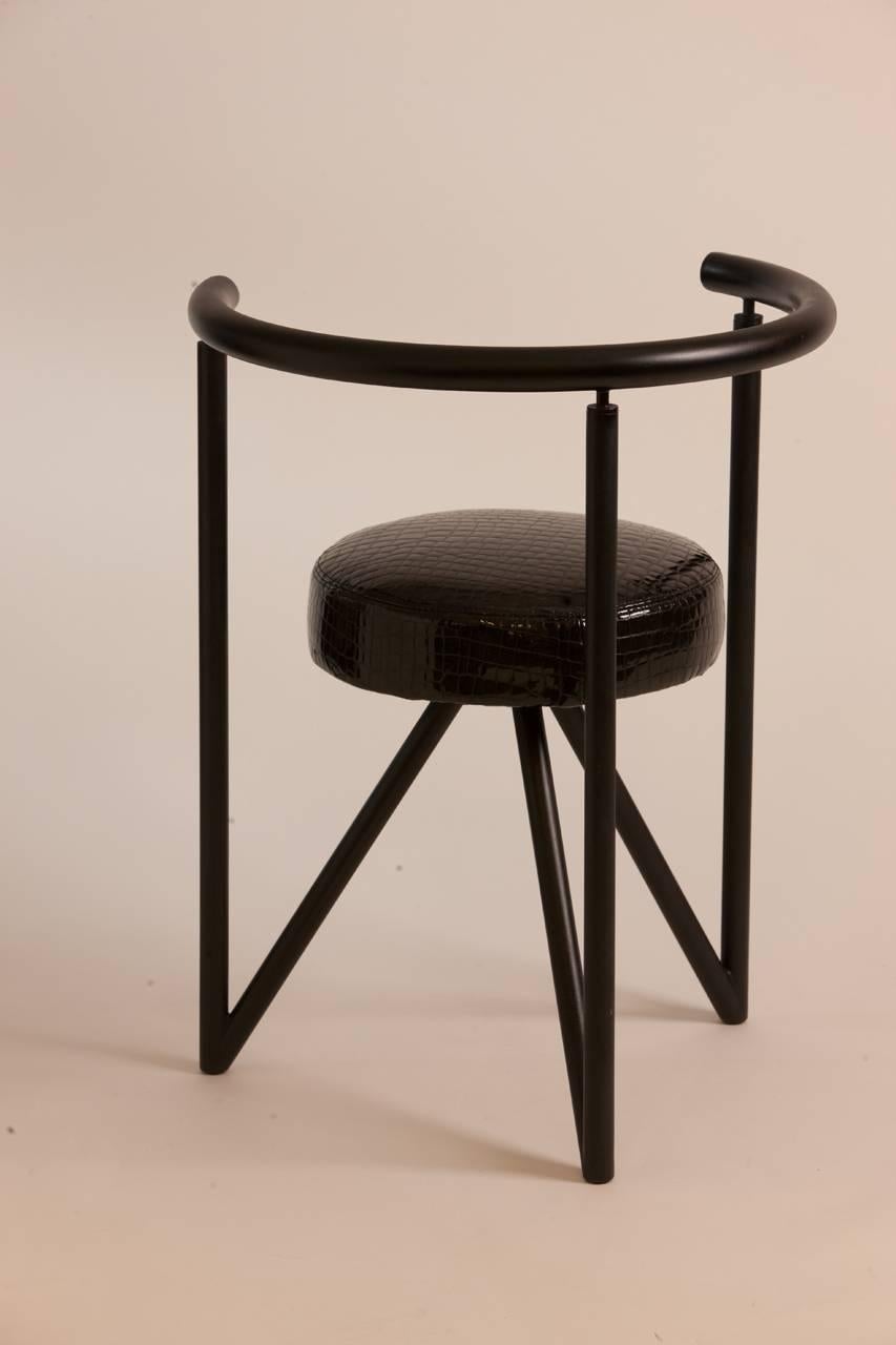 Philippe Starck Miss Dora chairs created for Driade. Ten available. Three of the chairs have been completely restored and reupholstered in black patent croc embossed leather. The other seven can be restored as well or sold as is to allow for