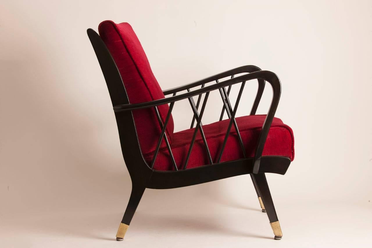 Mid-Century Modern Pair of French Ebonized Oak Armchairs with Brass Detail