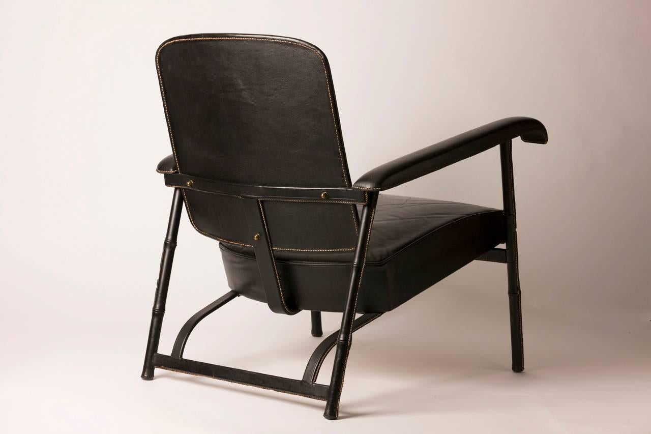 Mid-Century Modern Hand Stitched French Leather Lounge Chair by Jacques Adnet