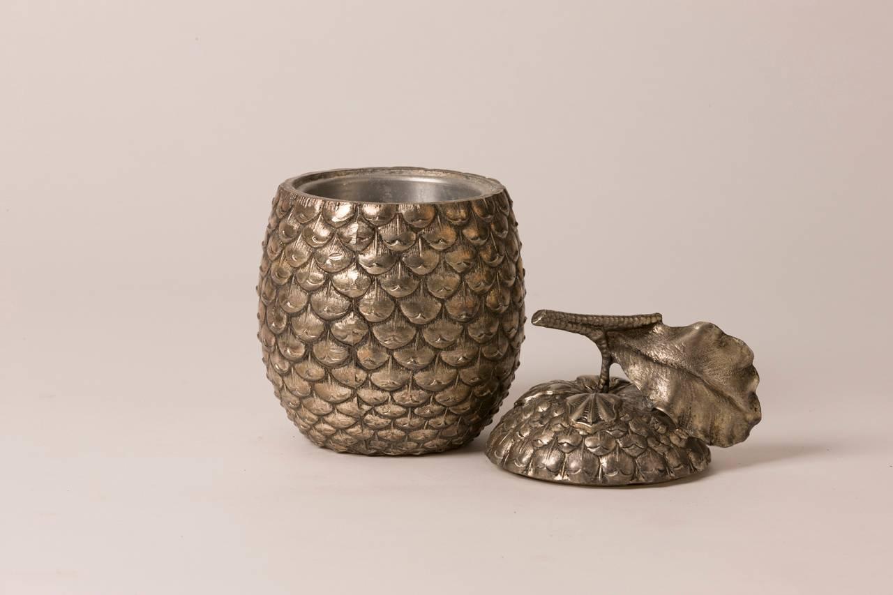 Whimsical stamped Italian metal ice bucket in a pineapple form.