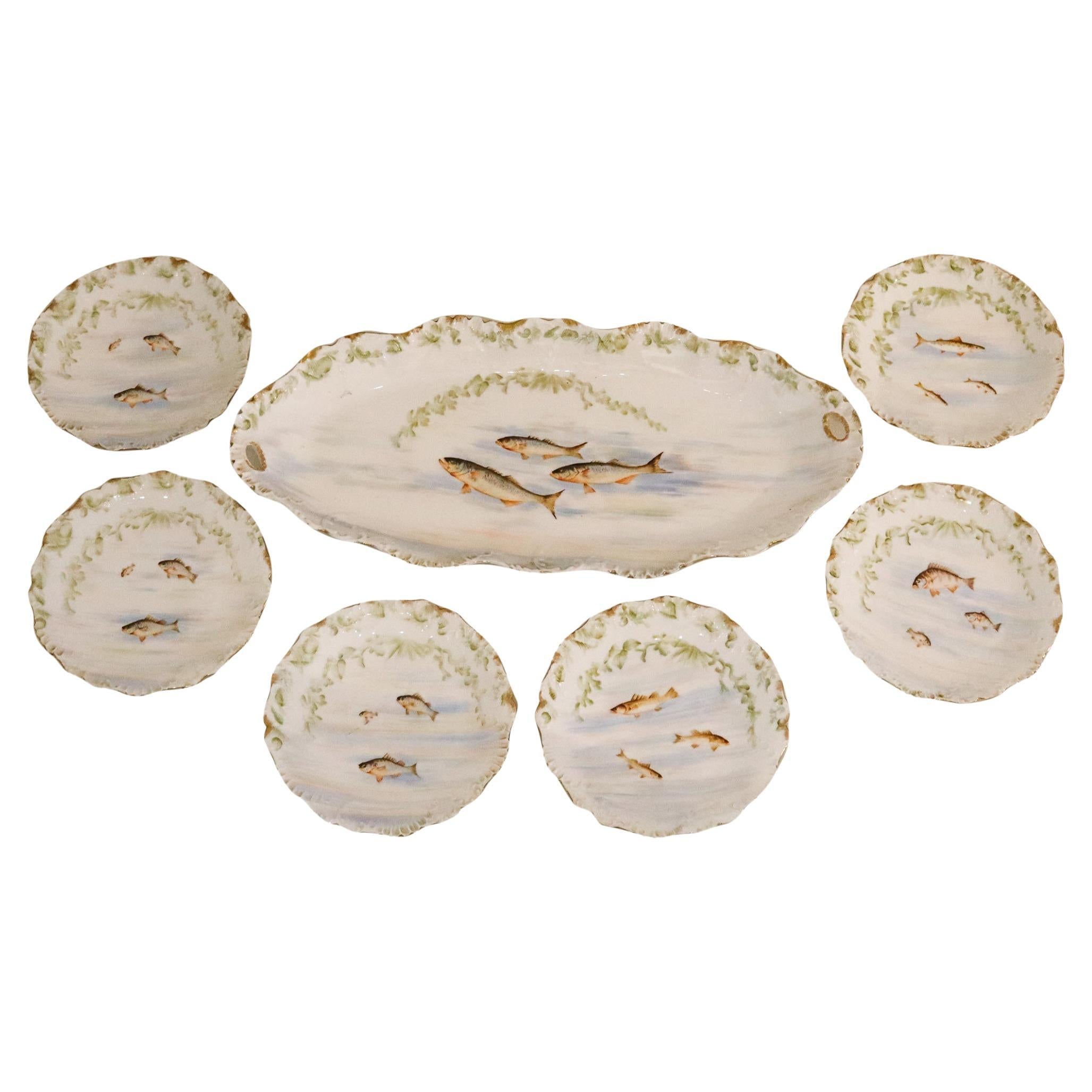 LIMOGES Frankreich 1900 Elite Set aus weißem Porzellangeschirr und Tablett für Fisch im Angebot