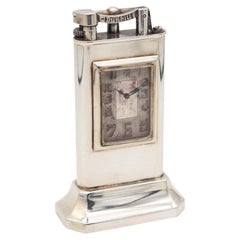 DUNHILL Paris 1930 : Horloge de bureau Art déco « Petrol » avec briquet, en argent massif 925