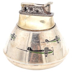 EVANS 1930 Art-Deco Enameled Desk Petrol Lighter In .925 Sterling With Planes