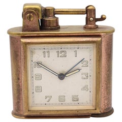 LANCEL Paris 1935 Desk Table Petrol Lighter With Square Clock In Gilt Brass