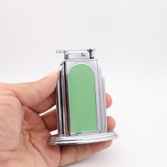OTIS 1929 Art-Deco Skyscraper Green Lacquered Desk Table Lighter Steel & Lacquer