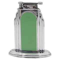 OTIS 1929 Art-Deco Skyscraper Green Lacquered Desk Table Lighter Steel & Lacquer