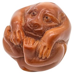JAPAN 1900 Imperial Meiji Period Ojime Holed-Ball Of A Monkey Carved In Agate