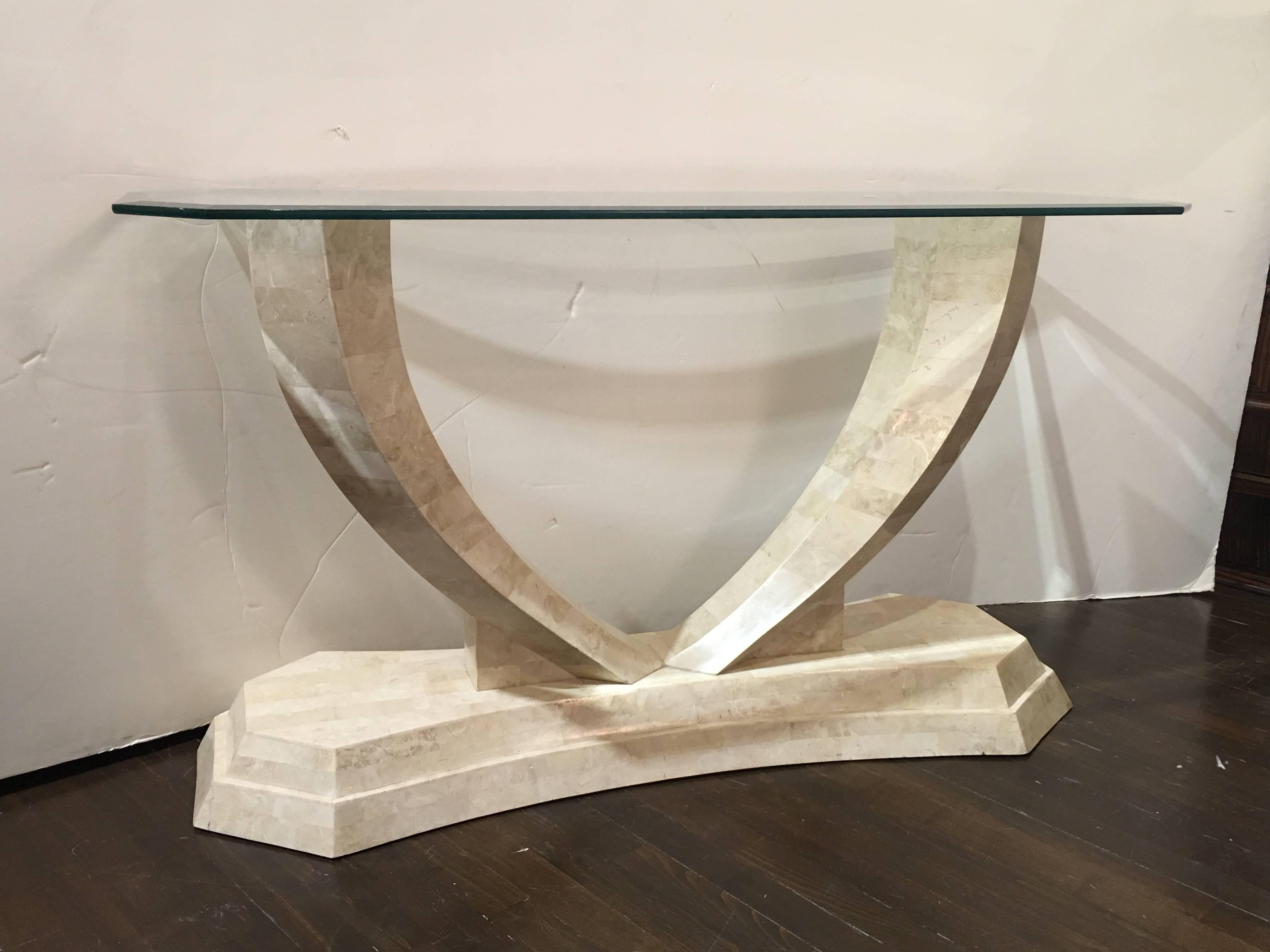 Fanciful and sculptural tessellated stone clad console table.  Designed by Robert Marcius for Casa Bique. Please contact for location.