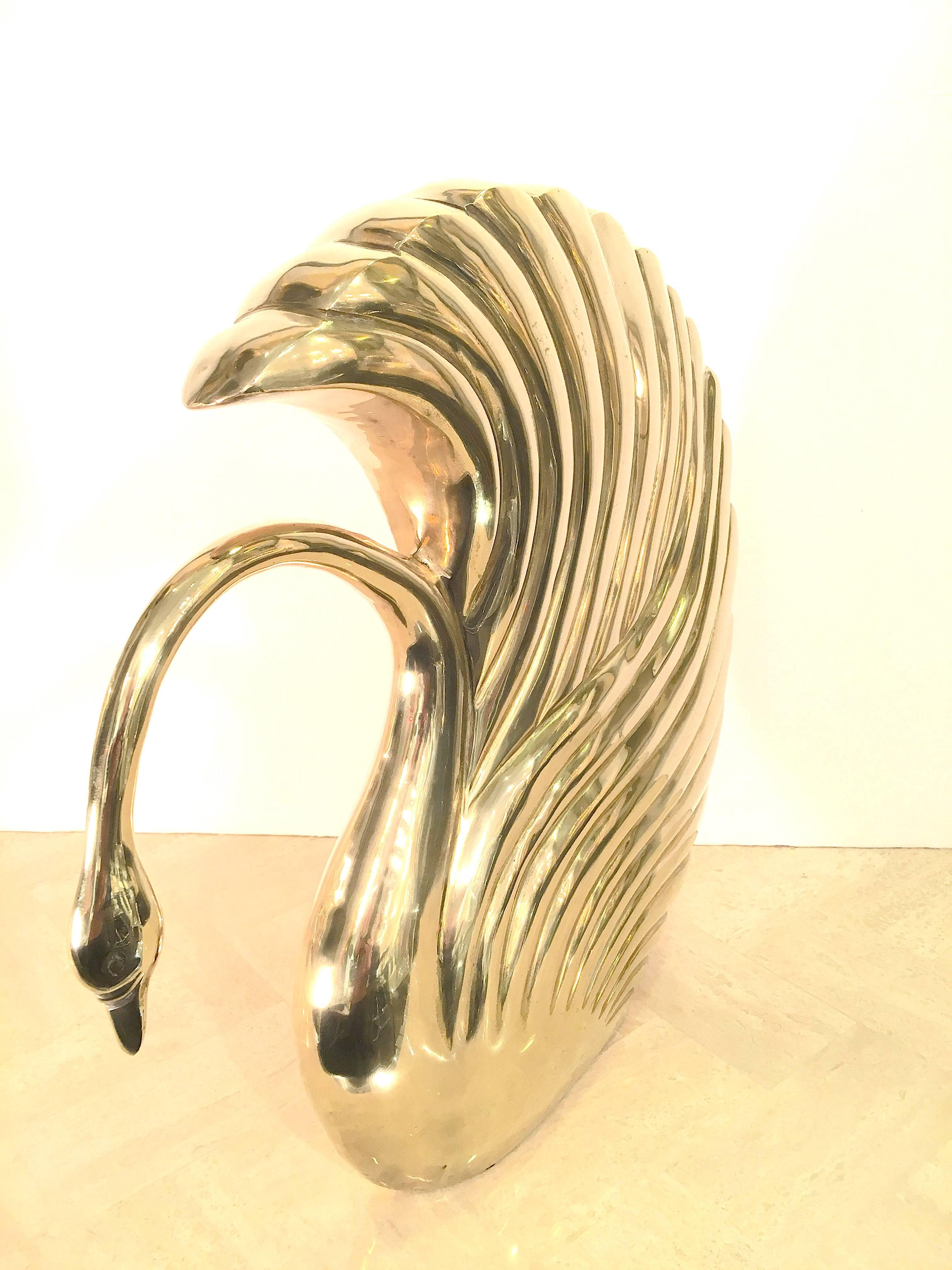 Polished Pair of Grand Scale Art Deco Revival Brass Swans by Dolbi Cashier For Sale