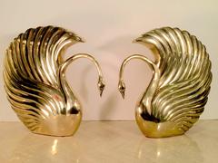 Pair of Grand Scale Art Deco Revival Brass Swans by Dolbi Cashier