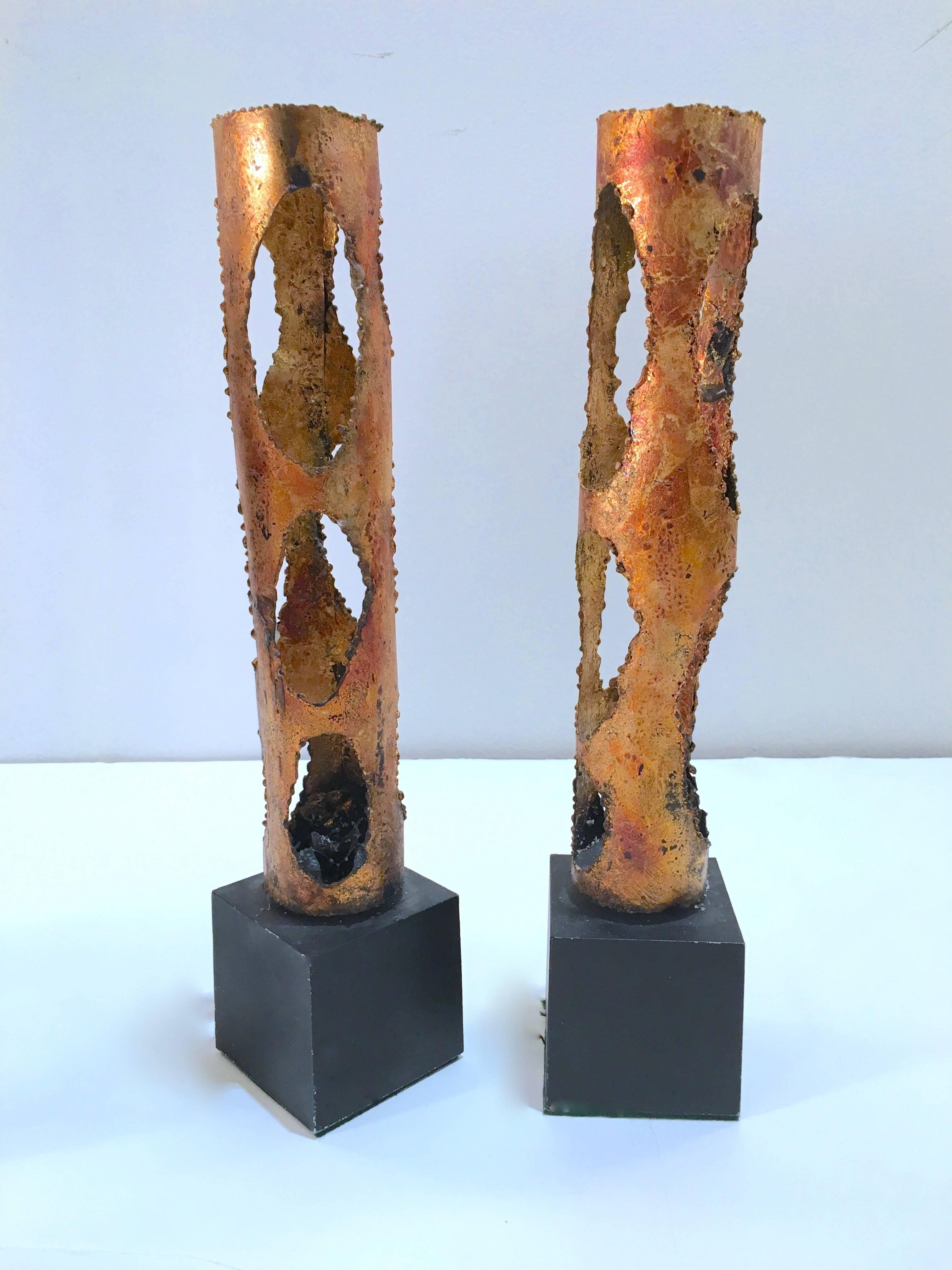 Mid-Century Modern Pair of Torch Cut Candle Holders in the Manner of Tom Greene For Sale