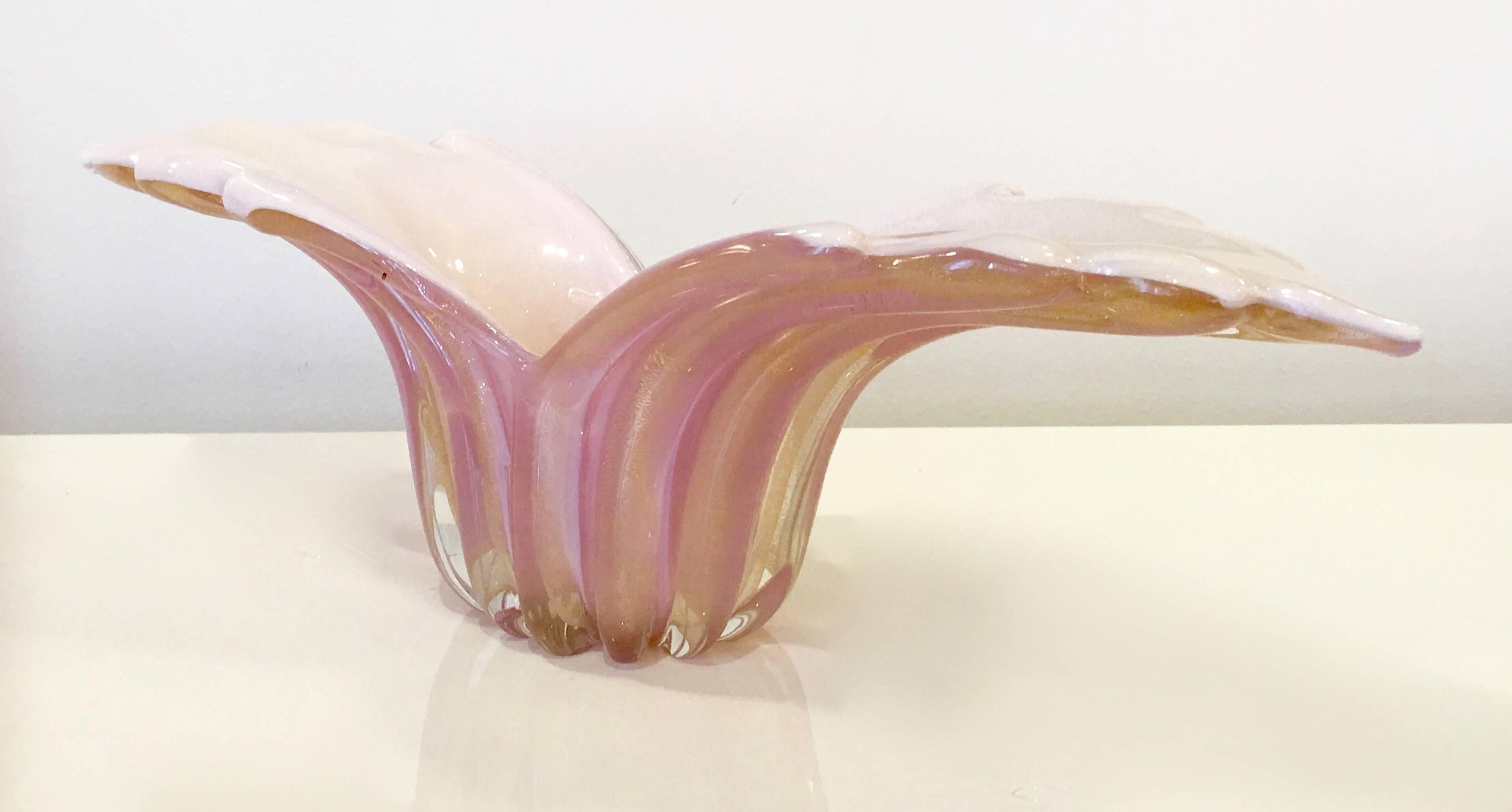 Gorgeous art glass piece by Murano master Alfredo Barbini. The piece is done in a Sommerso cased glass technique with a creamy white interior and a lovely pink exterior. The piece is accented with gold dust inclusions.