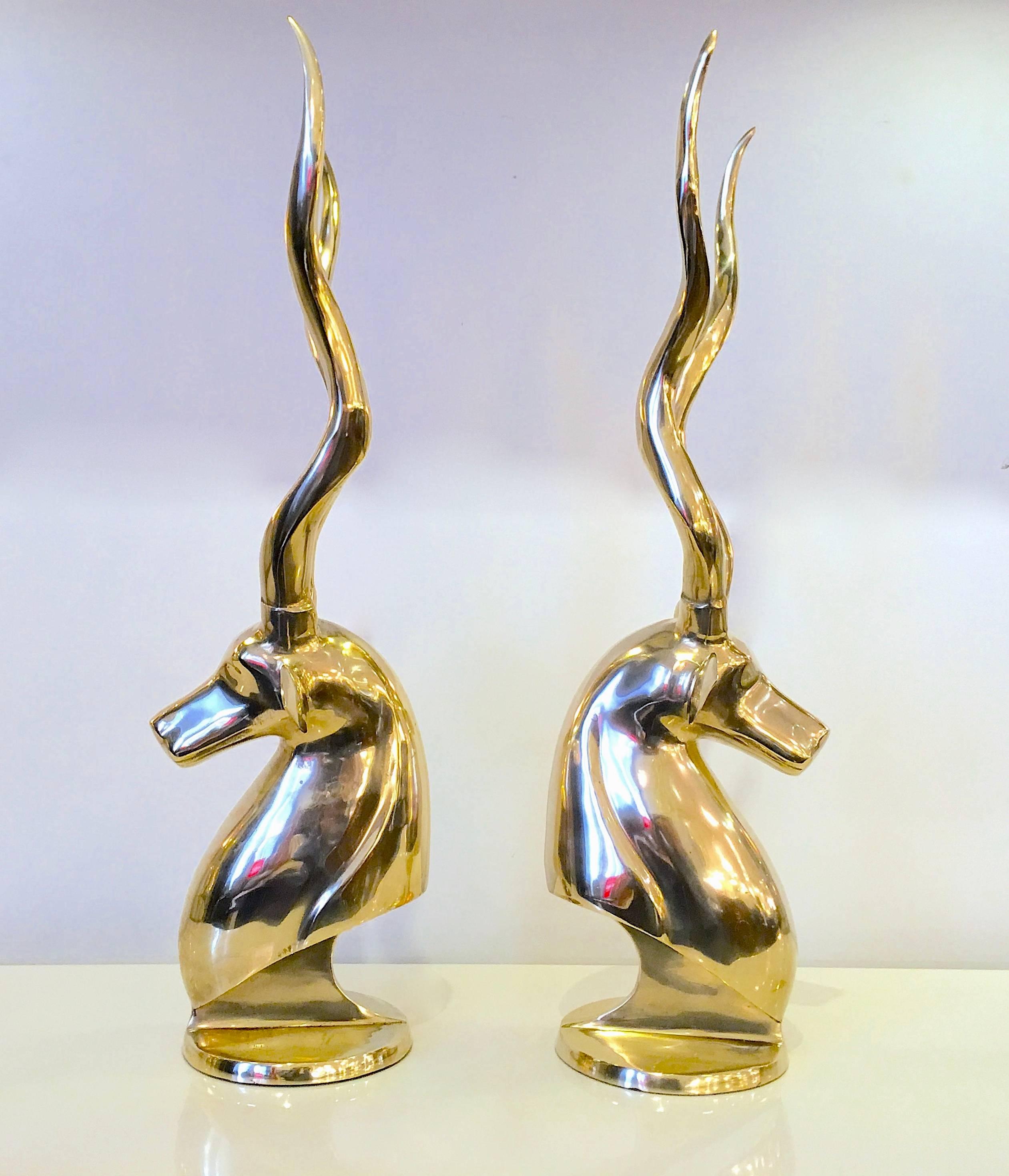 Hollywood Regency Grand Pair of Brass Gazelles by Dolbi Cashier For Sale