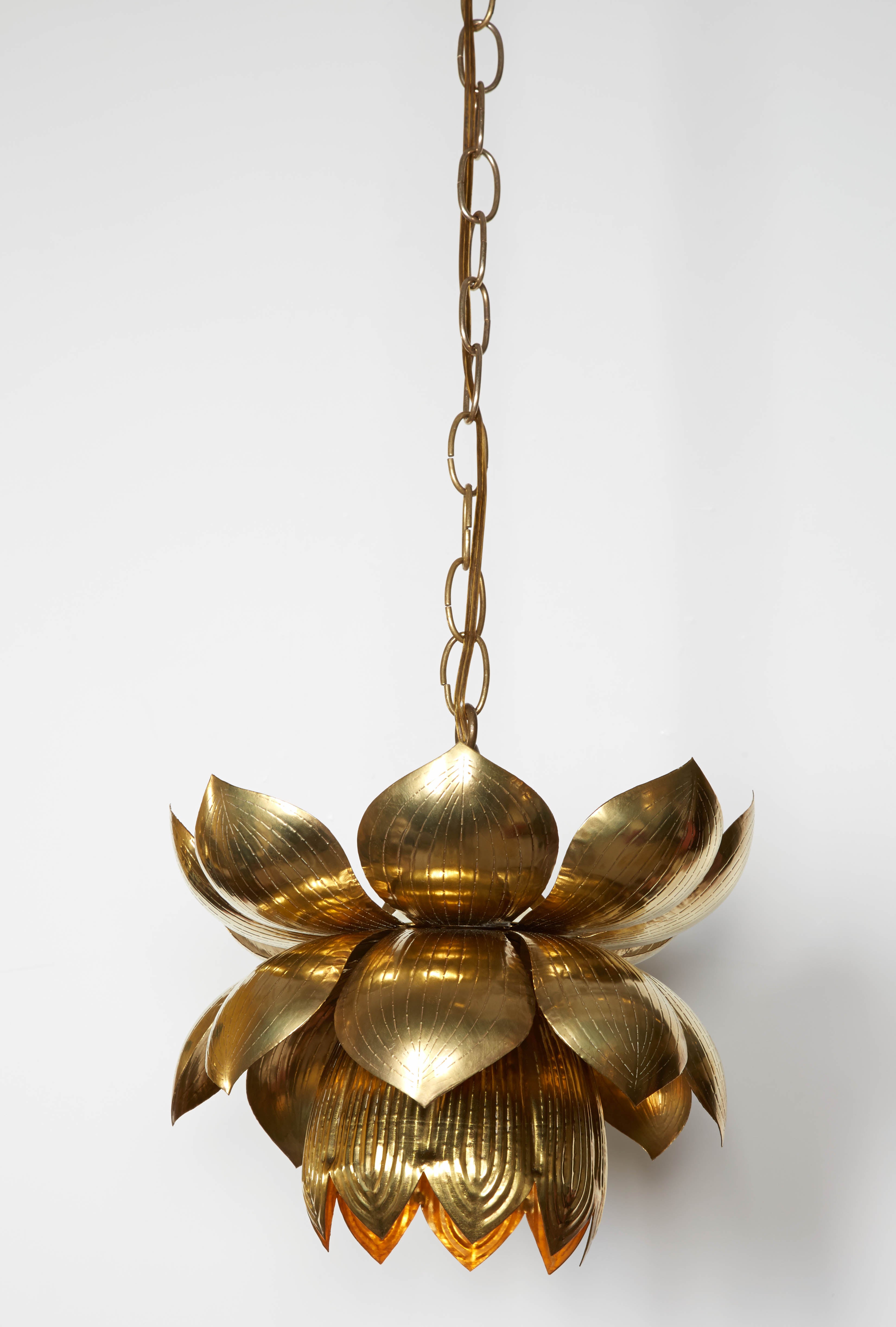 Lovely Set of Three Brass Lotus Pendant Lights by Feldman