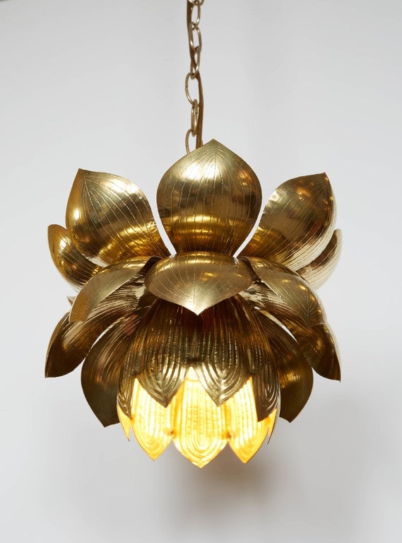 Mid-Century Modern Lovely Set of Three Brass Lotus Pendant Lights by Feldman