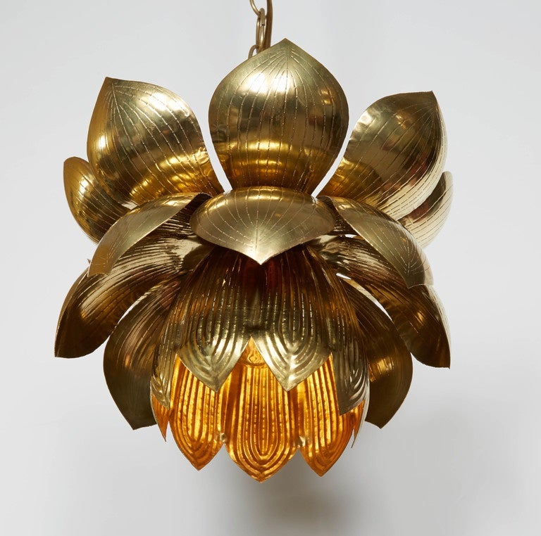 American Lovely Set of Three Brass Lotus Pendant Lights by Feldman