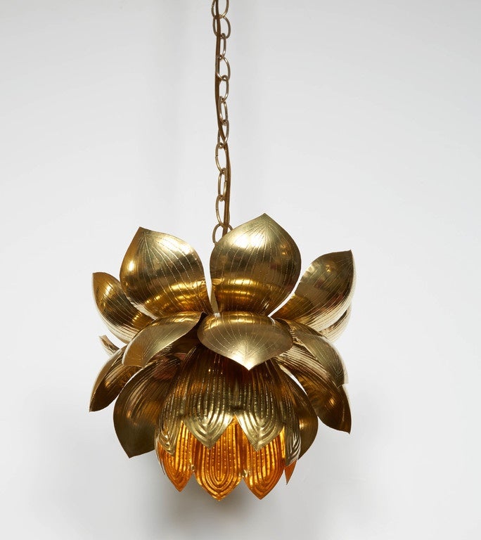 Lovely Set of Three Brass Lotus Pendant Lights by Feldman In Good Condition In New York, NY