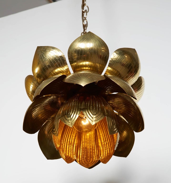 20th Century Lovely Set of Three Brass Lotus Pendant Lights by Feldman