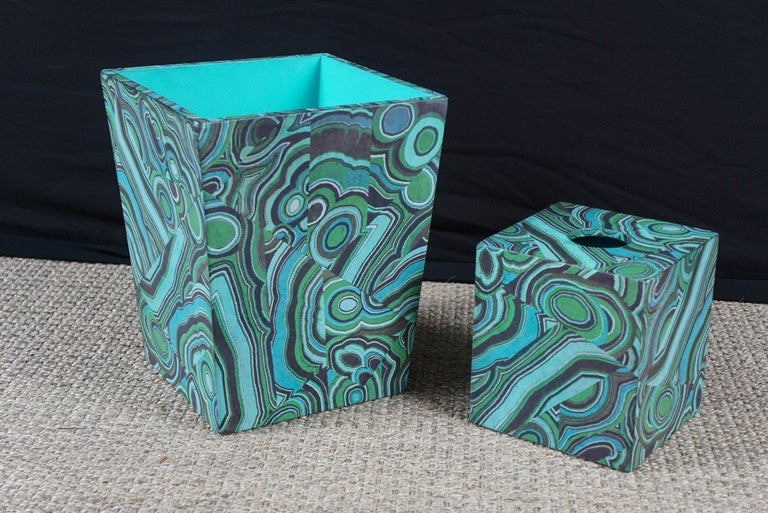 Malachite Pattern Wastebasket and Tissue Box