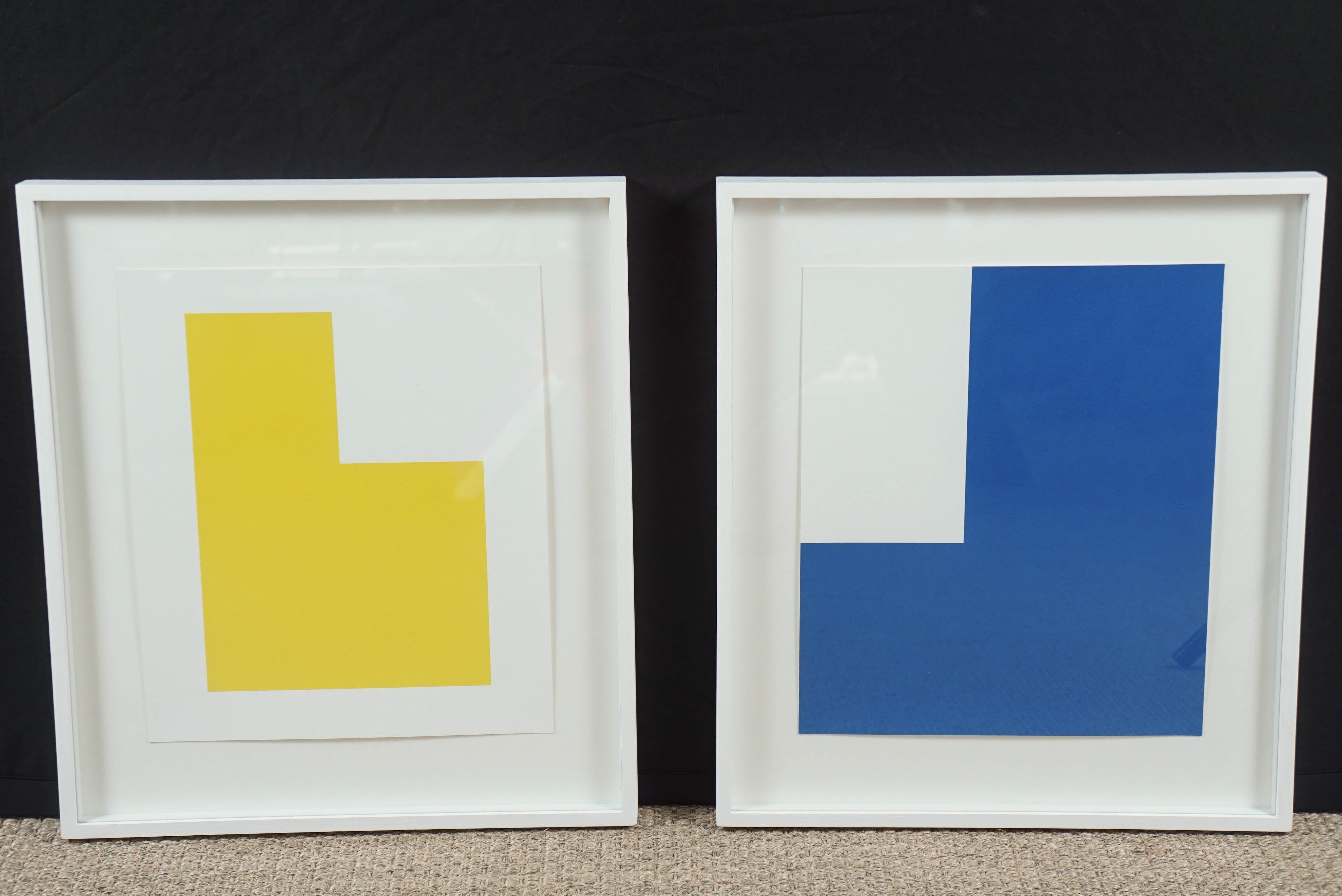 Here is a pair of graphic serigraphs by Aurelie Nemours ( 1910 - 2005 ).
Titles: Angle Droit JV and Angle Droit BL 
Dated:1996. Signed ad numbered on reverse 90/99
Image size: 12.75 x 10.75 inches. Framed: 17.5 x 15.25