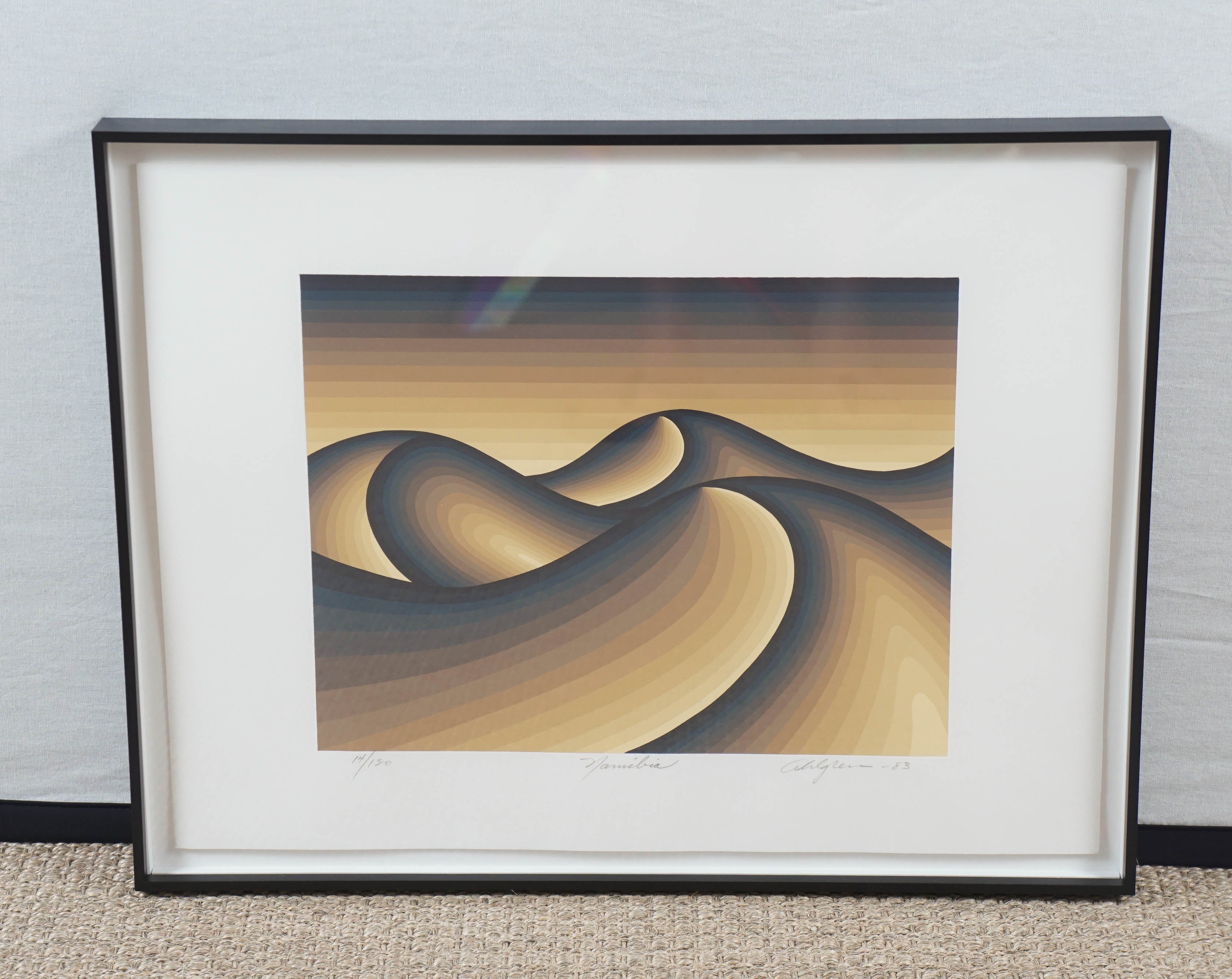 Here is an original silkscreen of waves by Roy B Ahlgren entitled Namibia.
Signed and numbered by the artist 14 of 130 and dated 1983. This work on paper has been recently framed in a black iron shadow box. The image size is 13.5 by 10.5 inches on