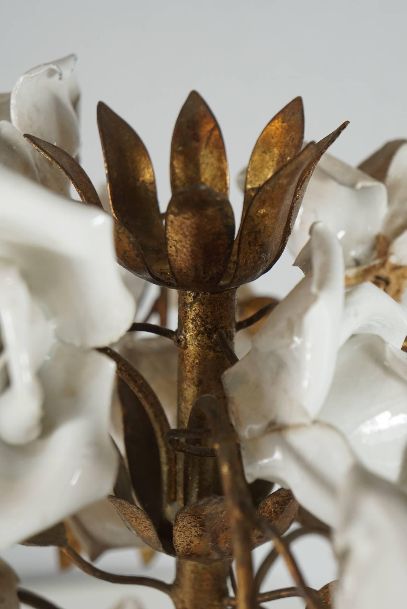 Gilt Metal Pair of Porcelain Floral Bouquet Sculptures