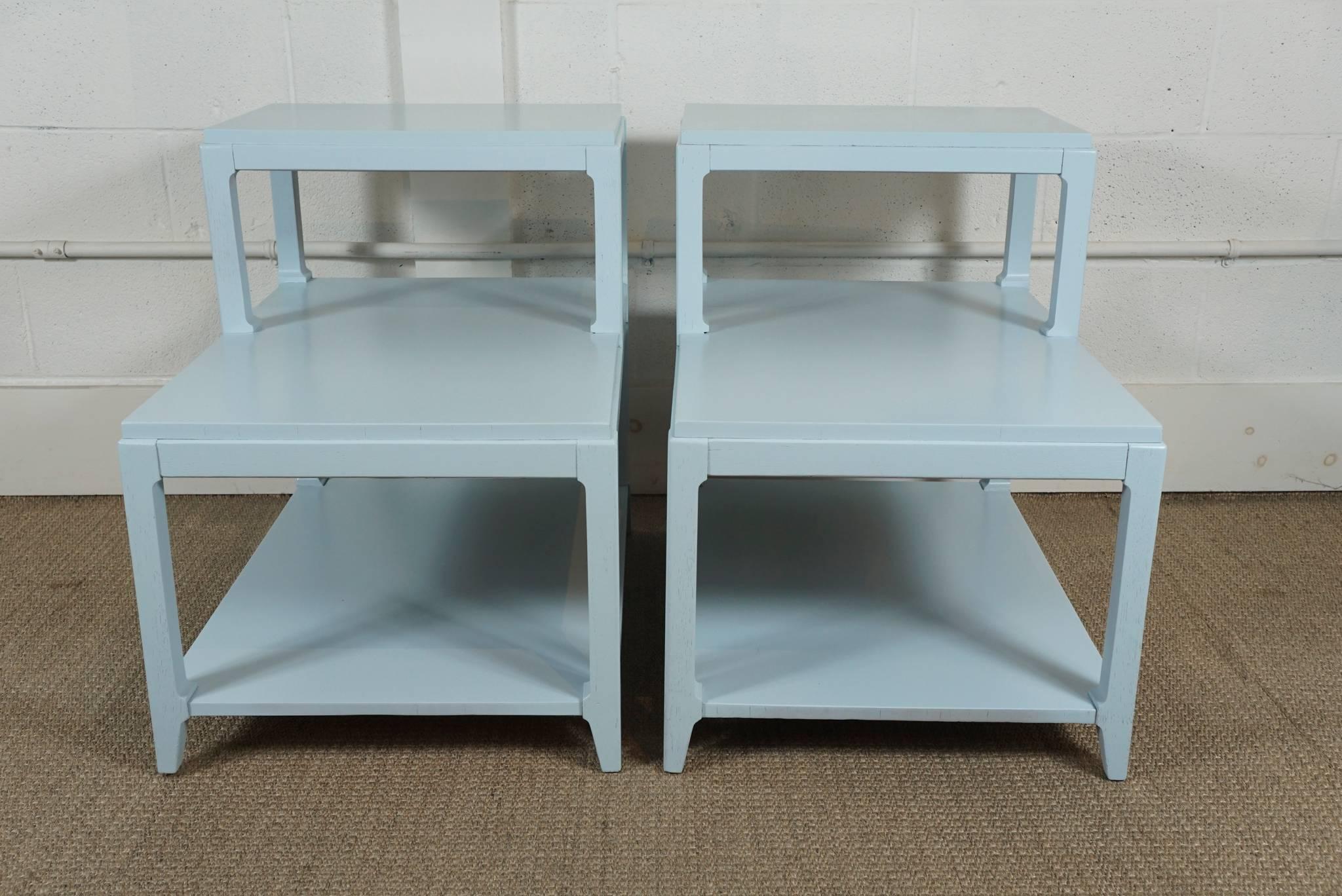 American Pair of Stepped Side Tables in Light Blue For Sale