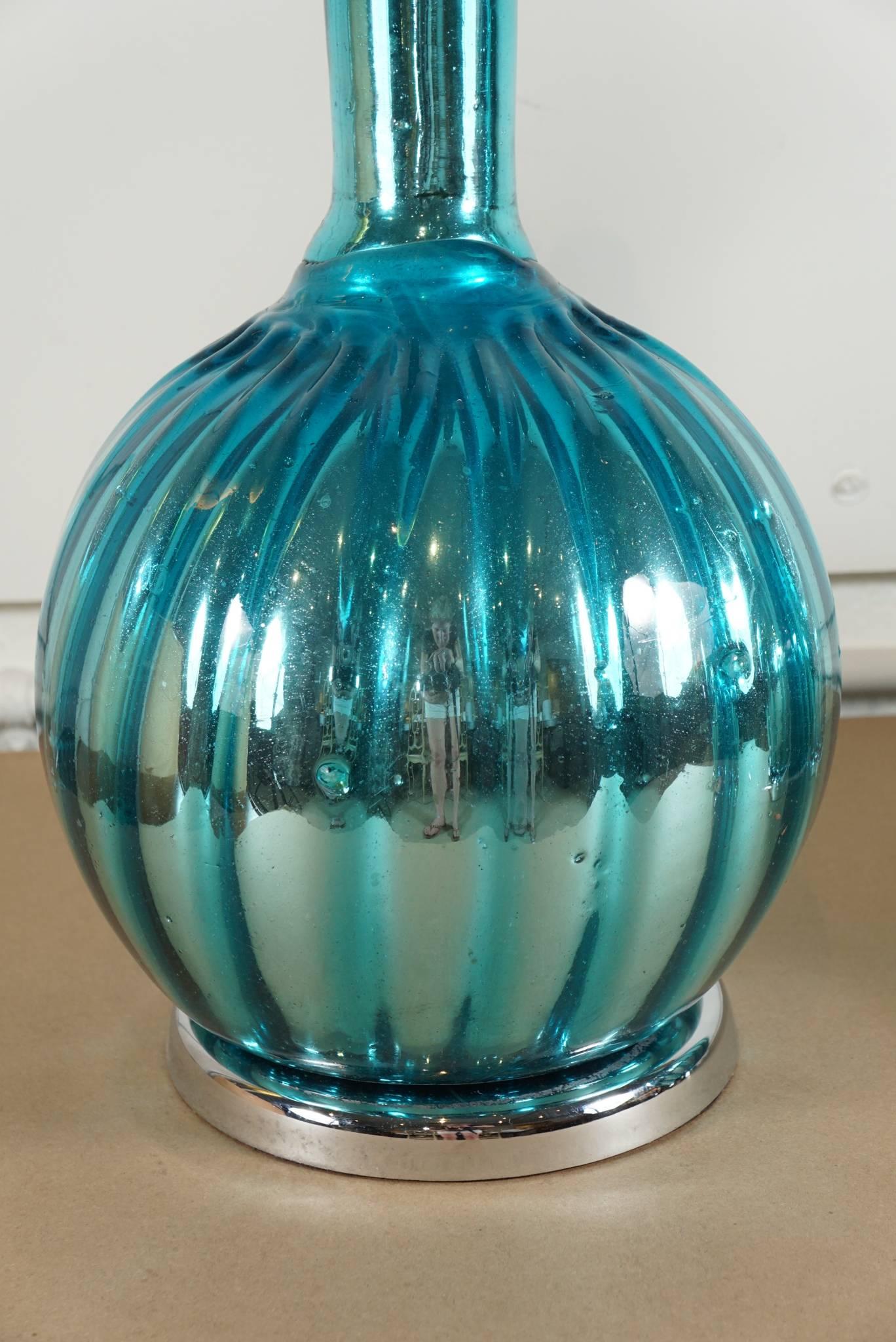 Mercury Glass Pair of Mercury Lamps in Aqua Blue