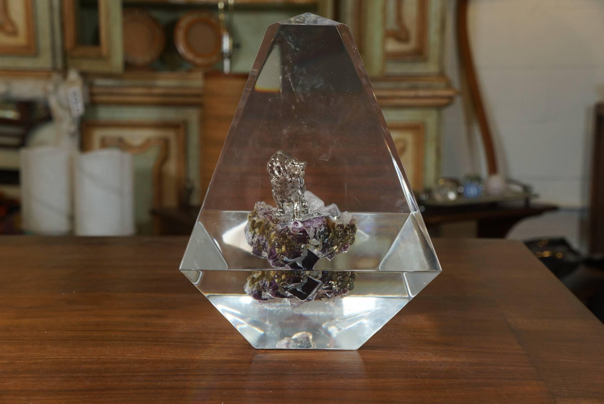 Unknown Lucite Obelisk with Encased Silver Lion For Sale