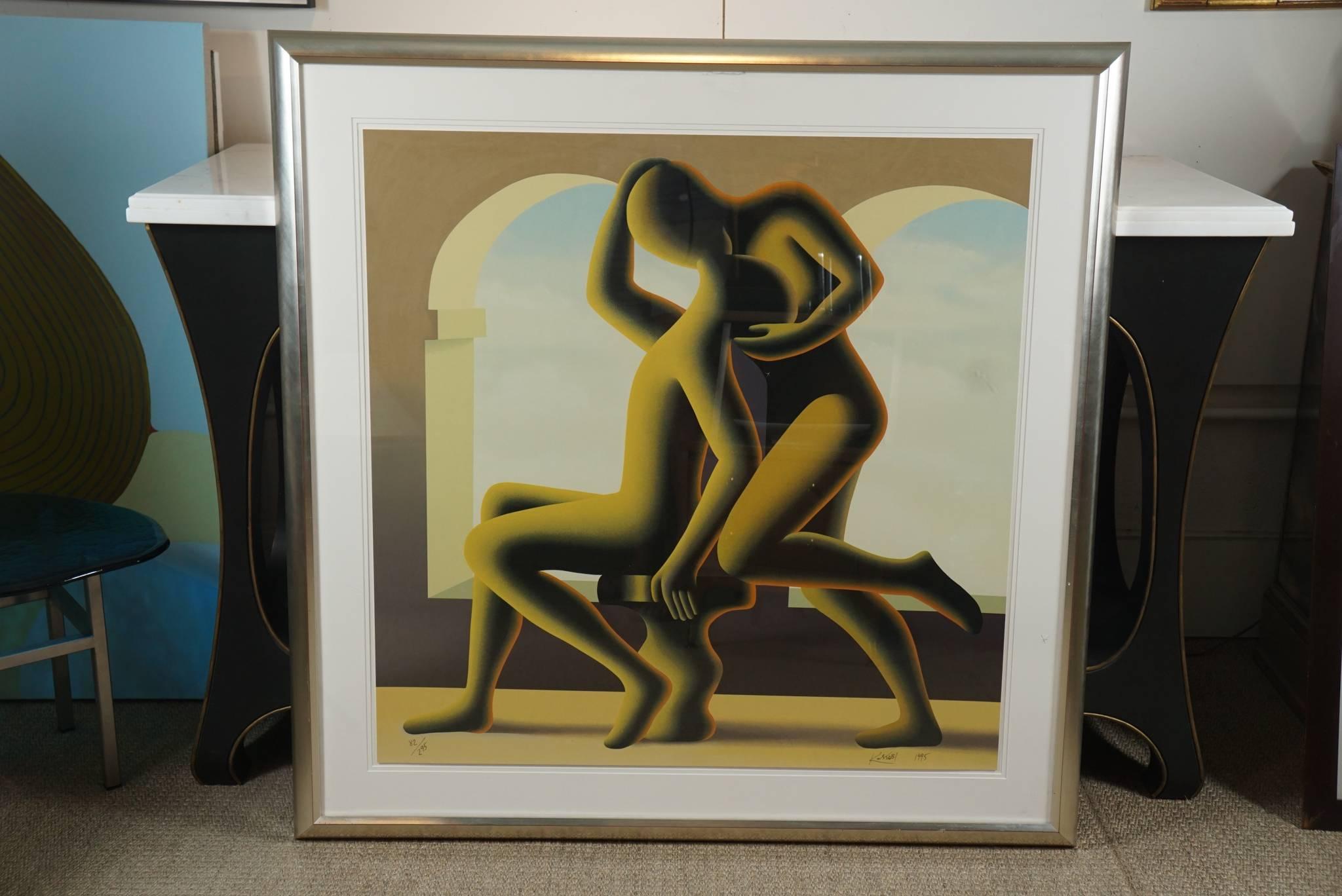 Here is a Mark Kostabi screen print titled Golden Kiss. The large scaled piece has a biomorphic presence with echoes of Roman architecture in the background. This is a signed and numbered limited edition 82/ 285 from 1995. The piece is framed in
