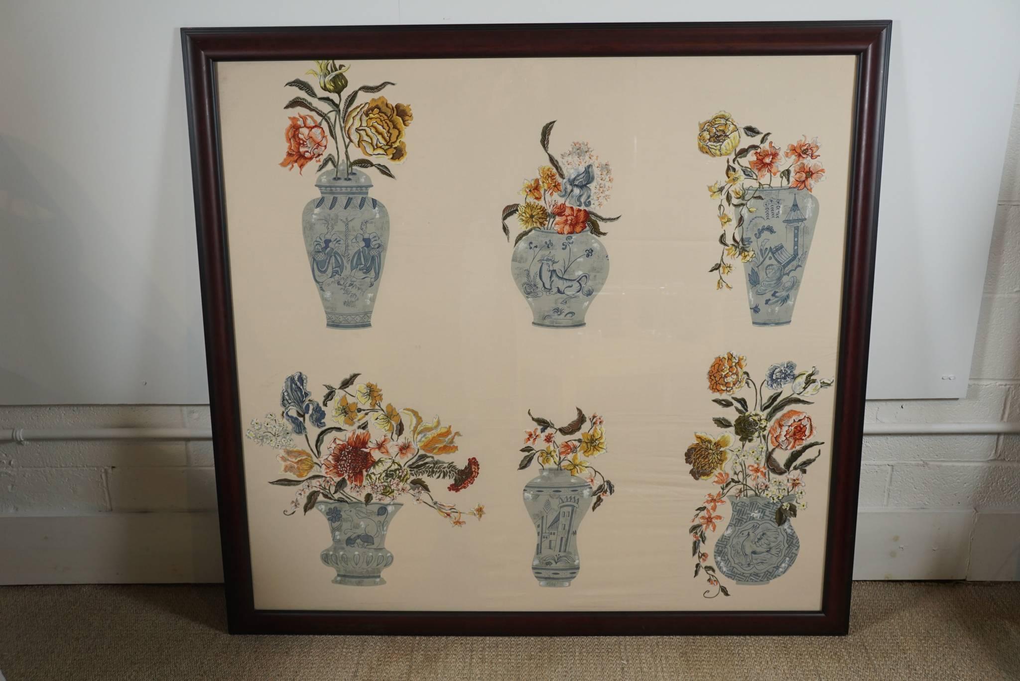 Here is a beautiful fabric panel with printed images of illustrated vases with flowers. The fabric is framed in a walnut stained frame and encased in plexiglass.