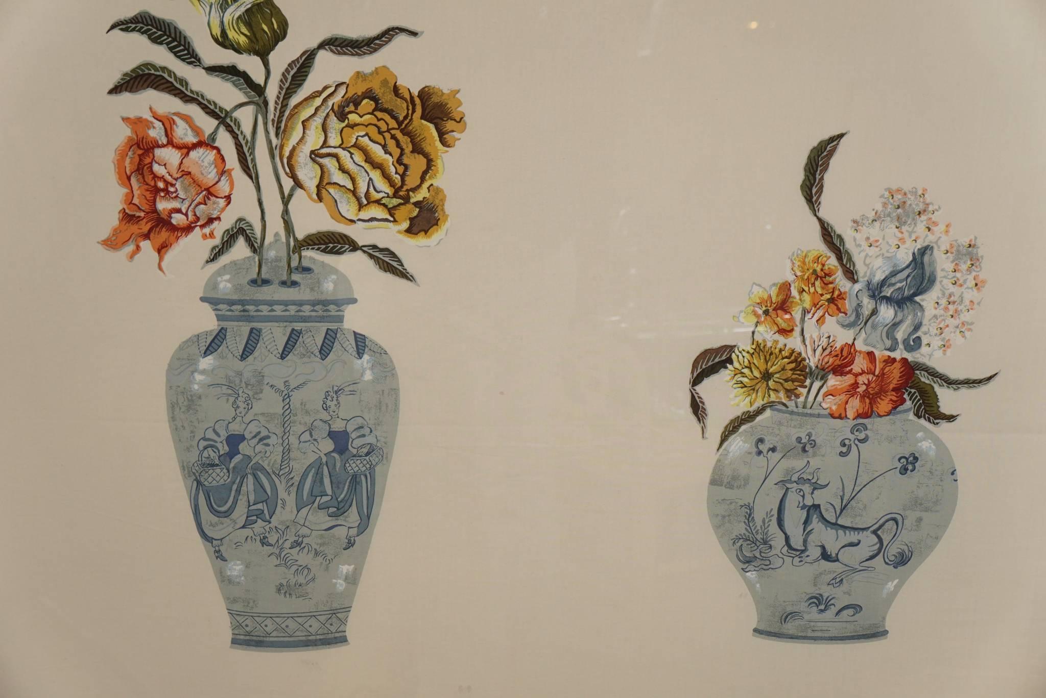 Fabric Panel of Vases and Flowers In Good Condition For Sale In Hudson, NY