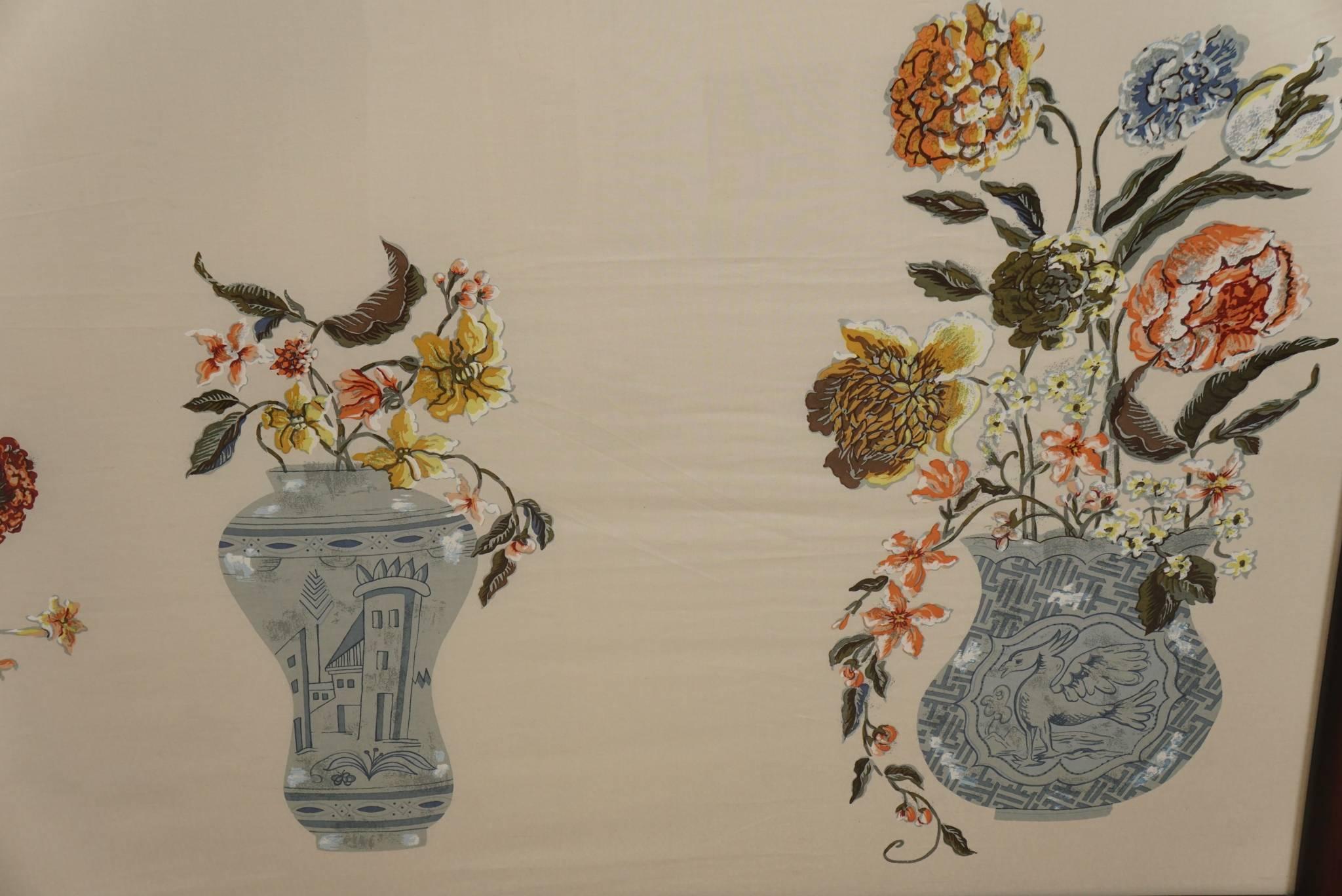 Mid-20th Century Fabric Panel of Vases and Flowers For Sale