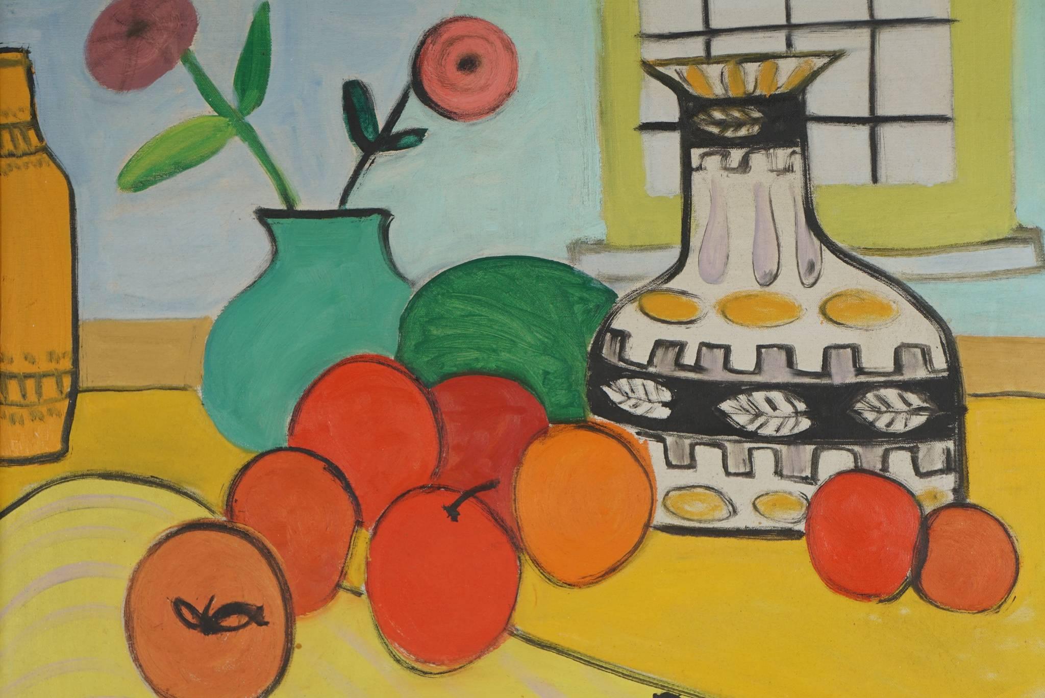 Brightly Colored Still Life Painting with Oranges In Excellent Condition For Sale In Hudson, NY
