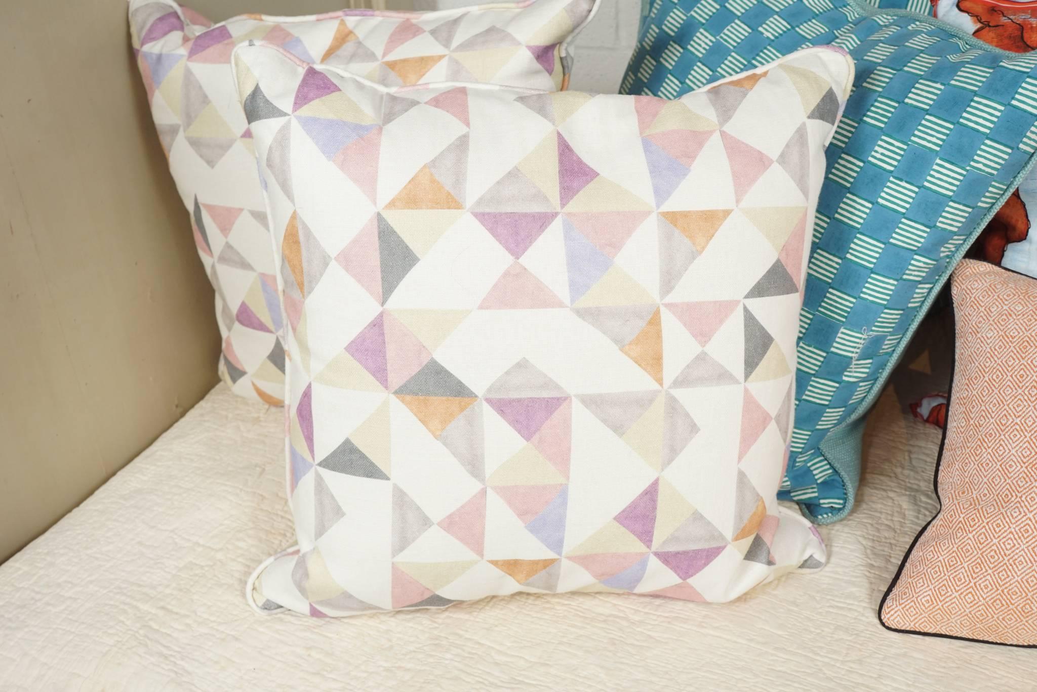 Assortment of Pillows in Hand Blocked Fabrics For Sale 1
