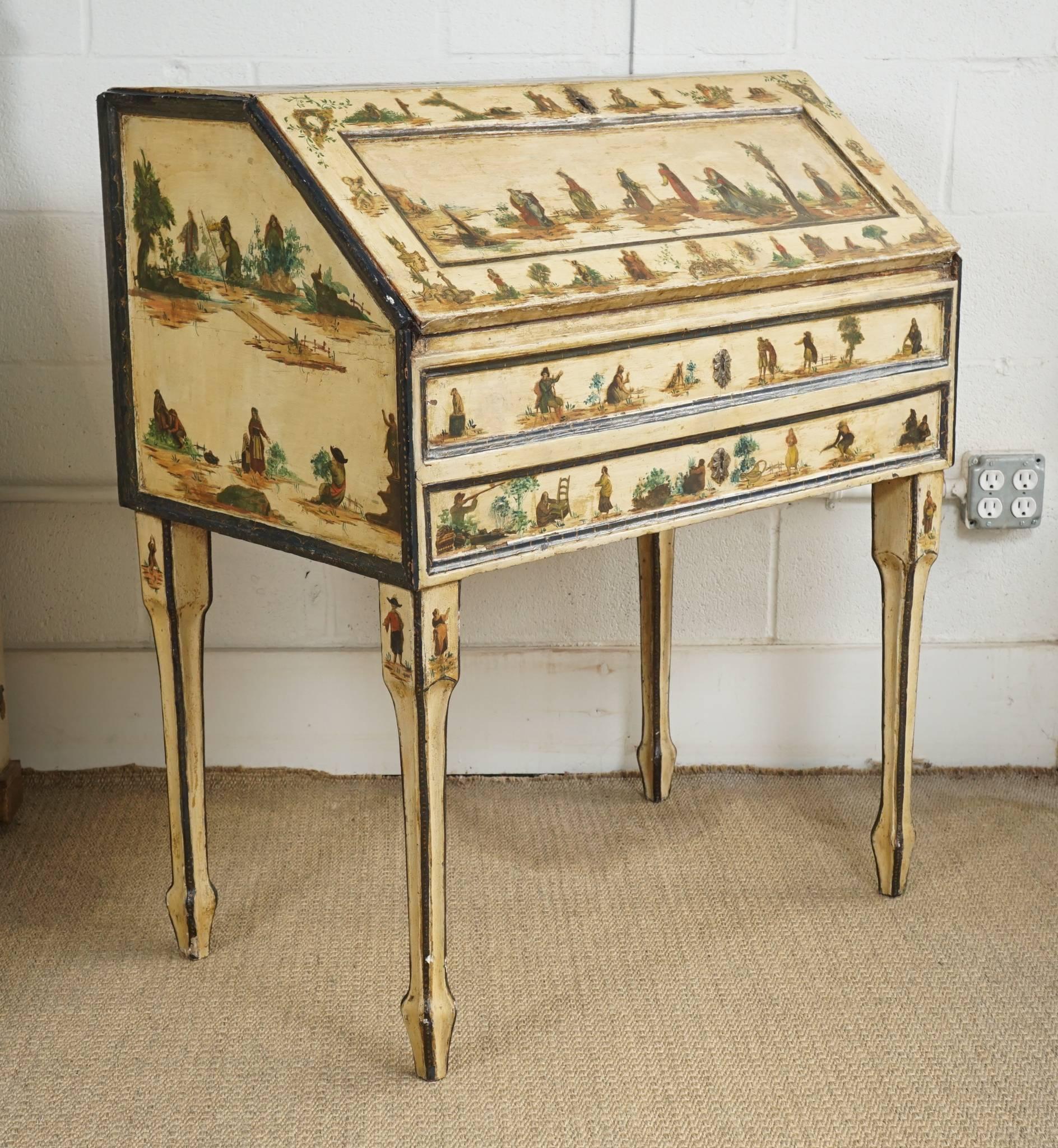 Wood Italian Painted Desk with Decoupage Figures For Sale