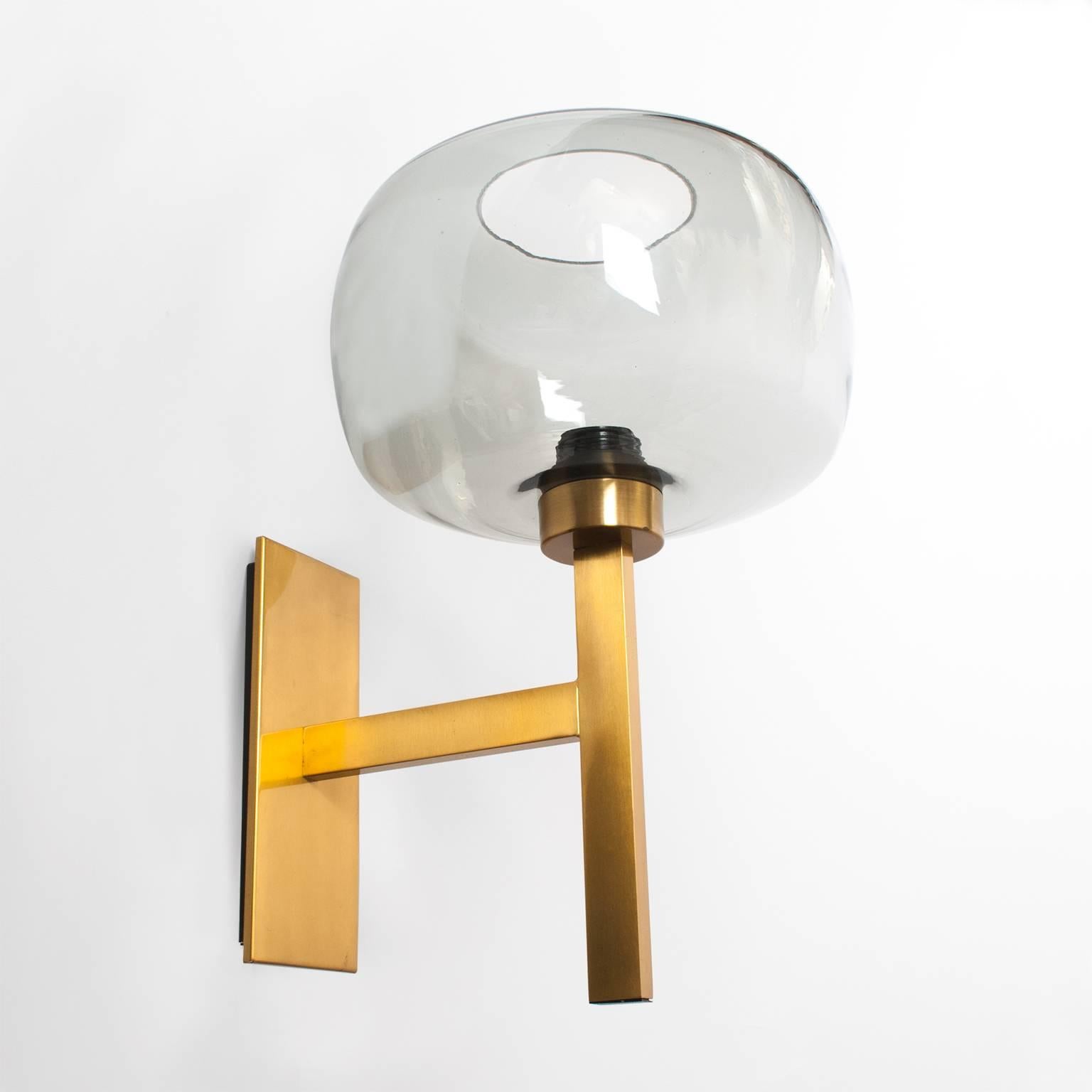 Blown Glass Pair Scandinavian Modern Westal Bankeryd Brass Sconces with Gray Glass Shades