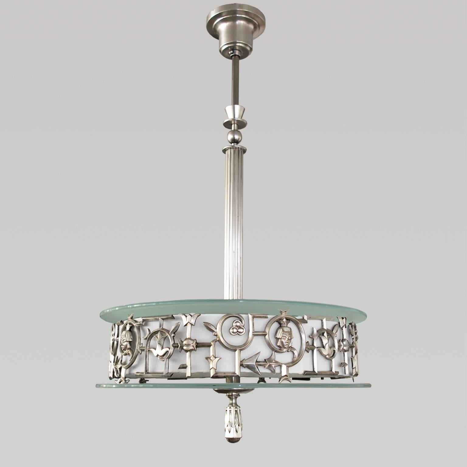 Silvered Scandinavian Modern Art Deco Pendant Silver Plate Grillwork, Stem and Canopy