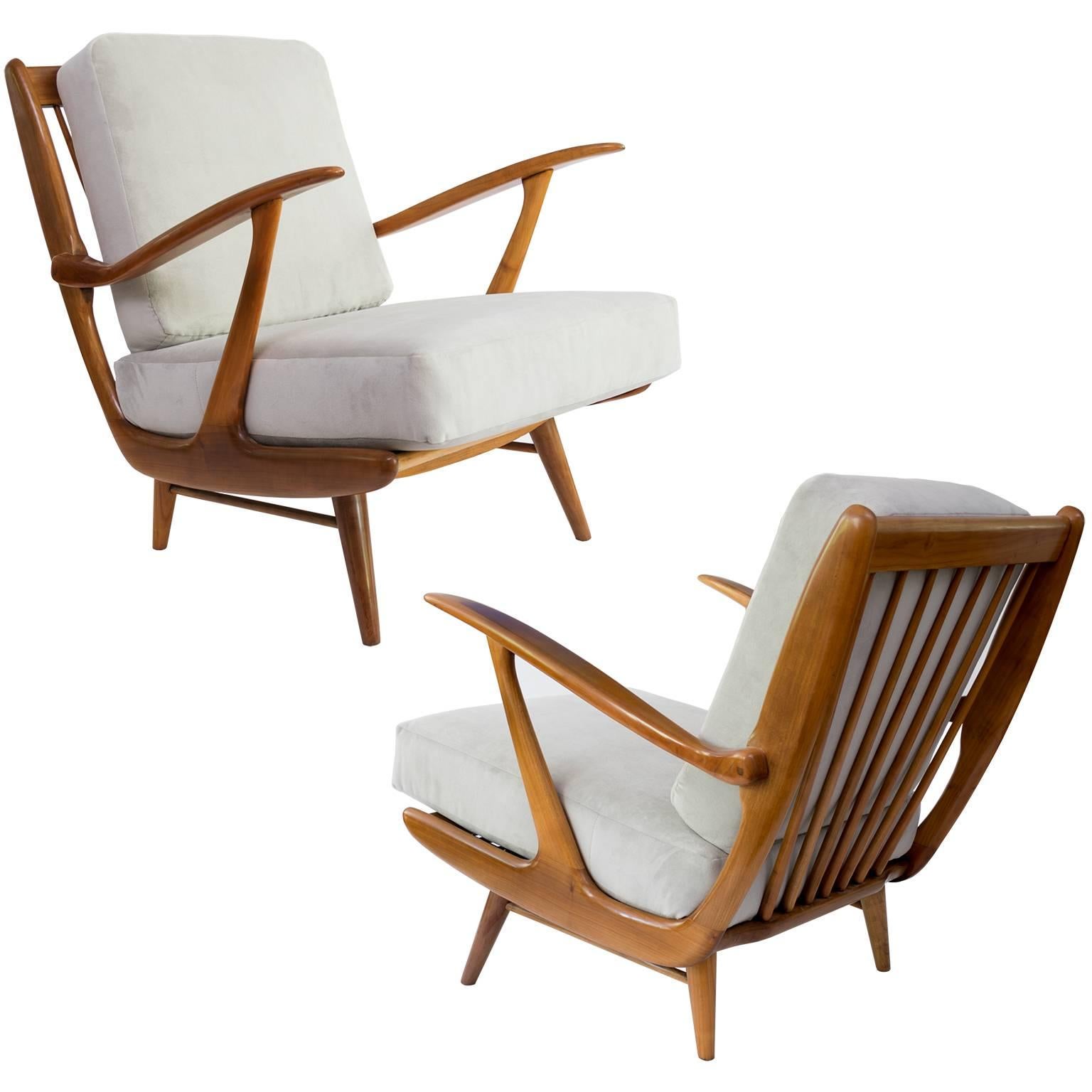 Dutch Mid-century Modern carved armchairs by B. Spuij's, Holland. (a)