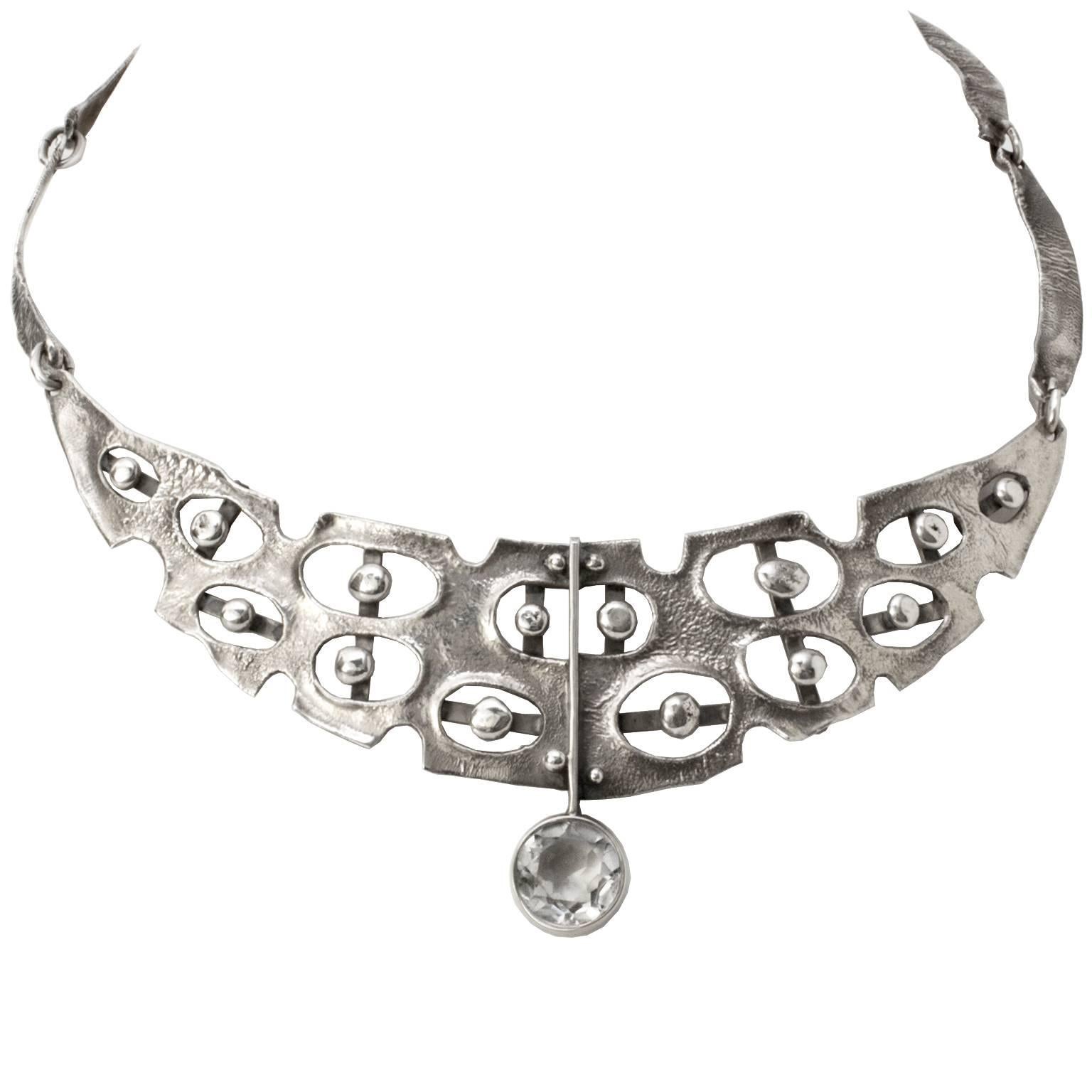 Scandinavian Modern Sterling Silver Necklace with Rock Crystal, Issac Cohen For Sale