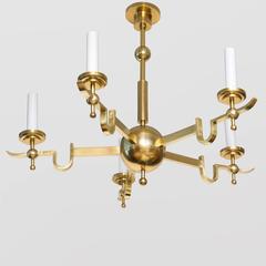 Scandinavian Modern Chandelier Five Arm Polished Brass Banded Center Sphere