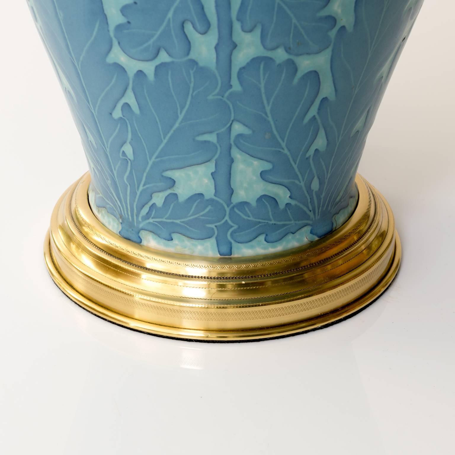 Brass Scandinavian Modern Josef Ekberg Art Deco Ceramic Lamp with Oak Leaf Motif For Sale