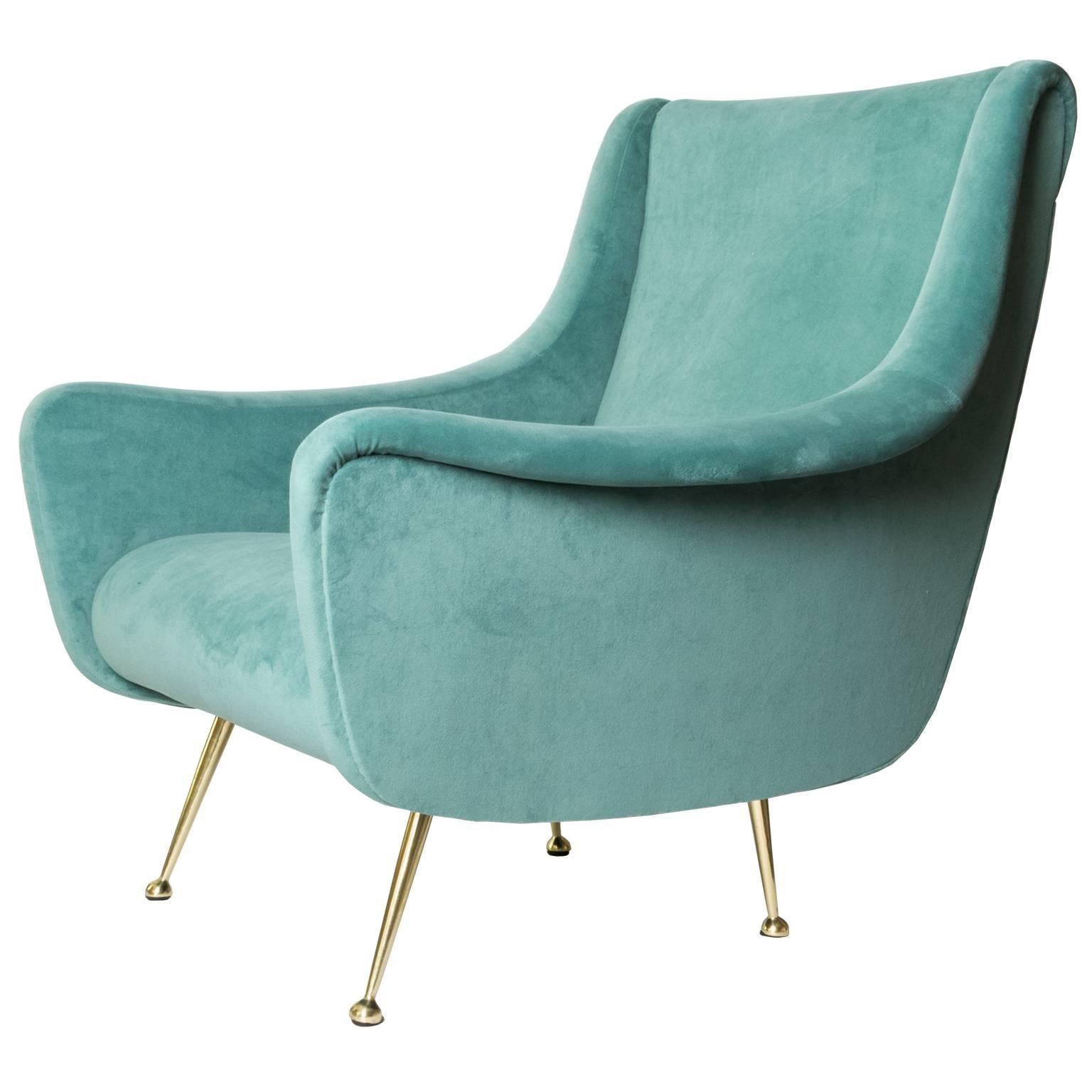 Italian Midcentury Modern Lenzi Upholstered Lounge Chair with Brass Legs