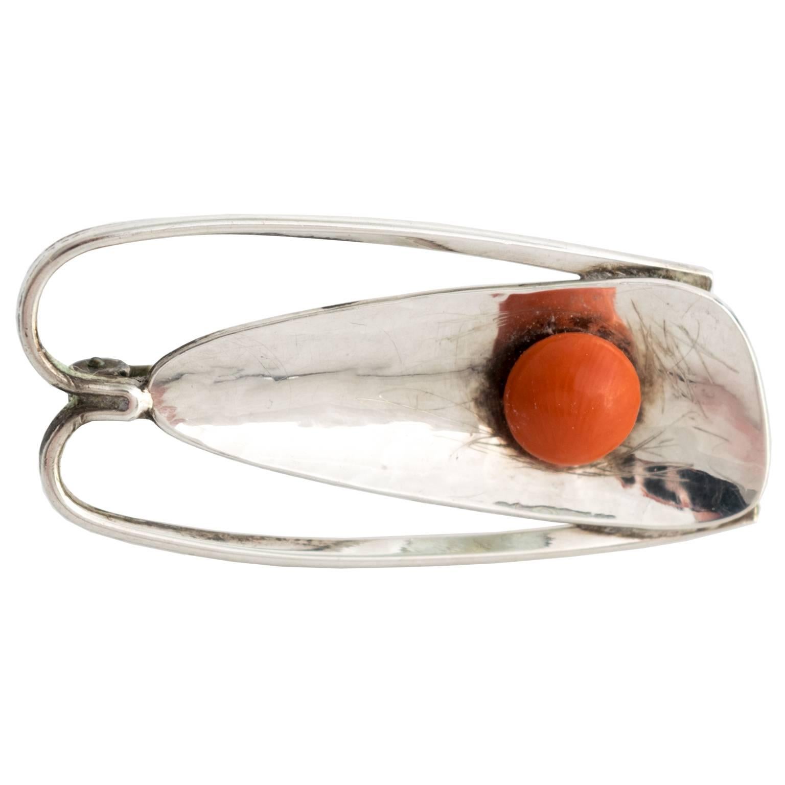 Silver and Coral Brooch by Hein Meyer, Bauhaus For Sale