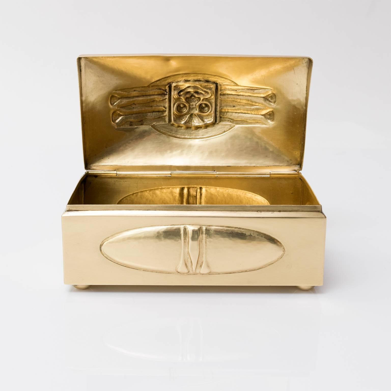 Scandinavian Modern, Art Nouveau, Jugend polished  Brass Box with face  In Excellent Condition In New York, NY