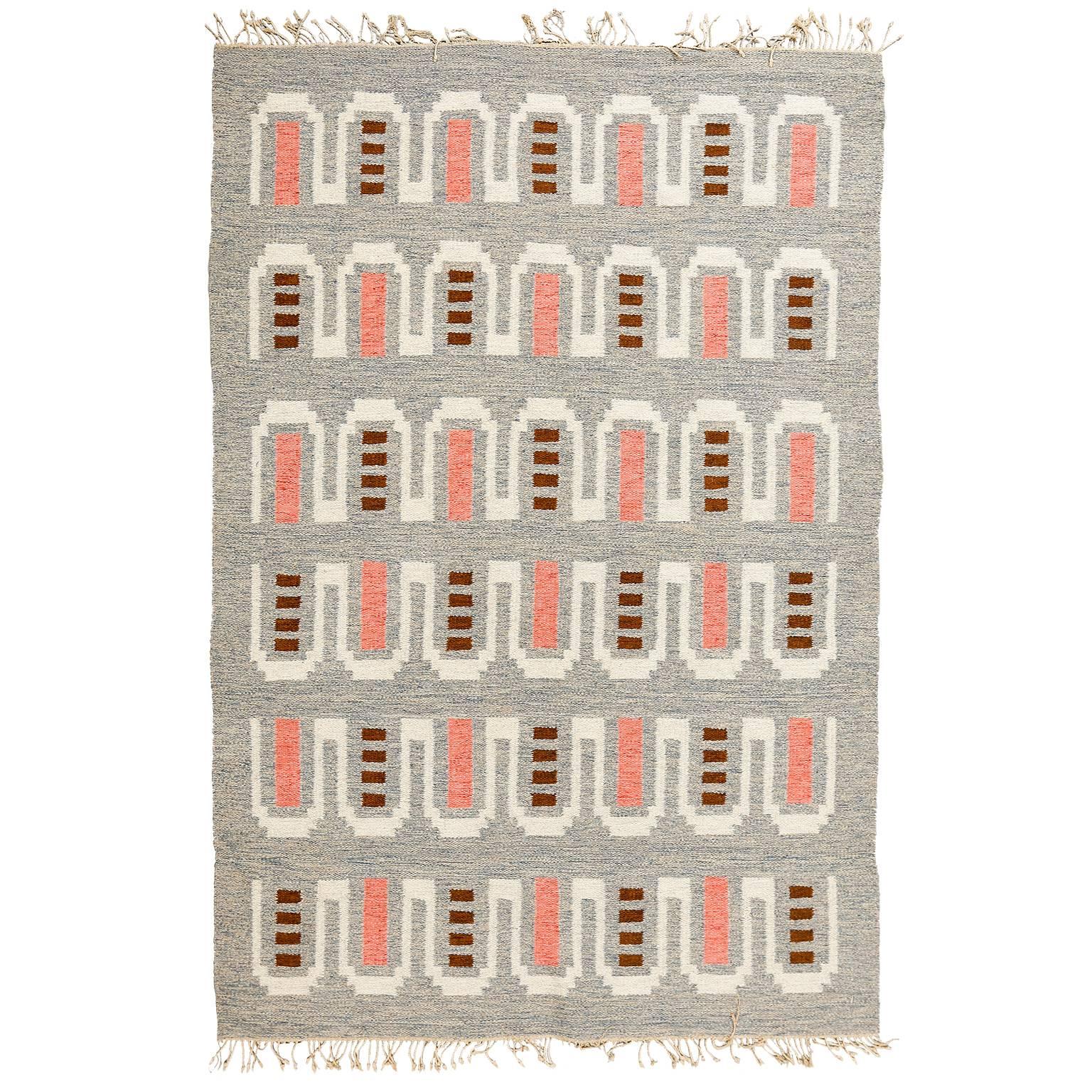 Scandinavian Modern Flat-Weave Rug  in Coral and Heather Gray